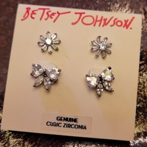 Betsey Johnson Silver Cubic Zirconia Floral Stud Earring Set - Silver